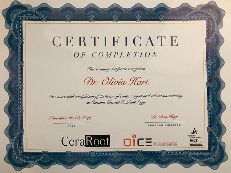 Dr. Olivia Hart achieved Continuing dental education training certificate