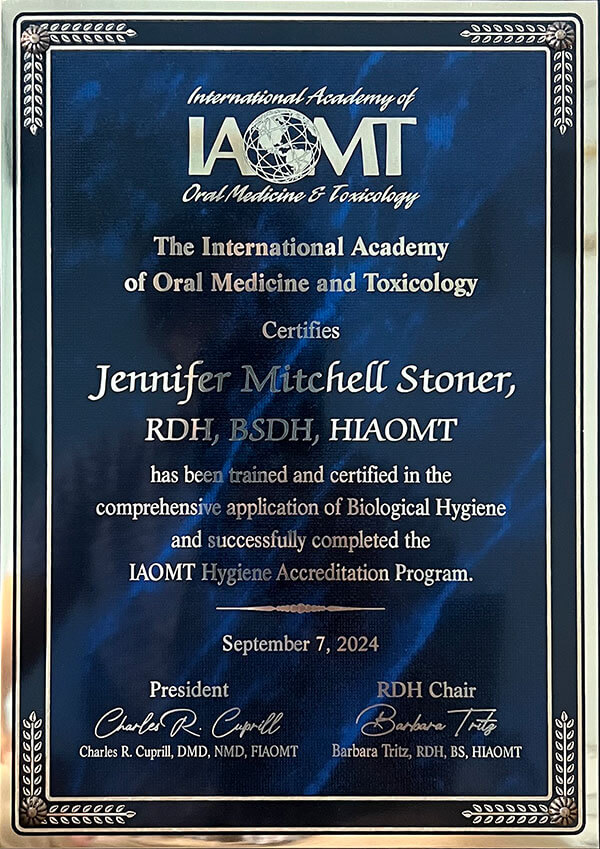 IAOMT Hygiene Accrediation Programme Certificate